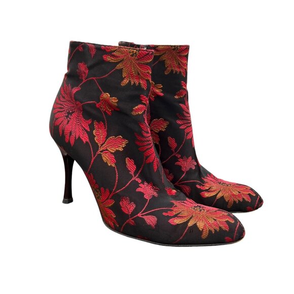Bally Salente Floral Brocade Point Toe Stiletto Heel Ankle Bootie Black Red‎ 8.5 - Picture 1 of 16